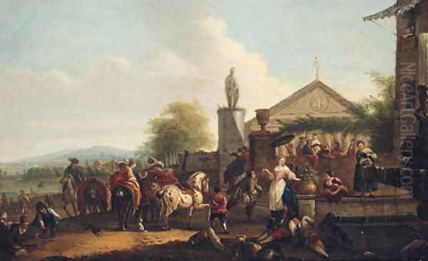 A hunting party halting by a fountain outside a villa Oil Painting by Carel Van Falens Or Valen