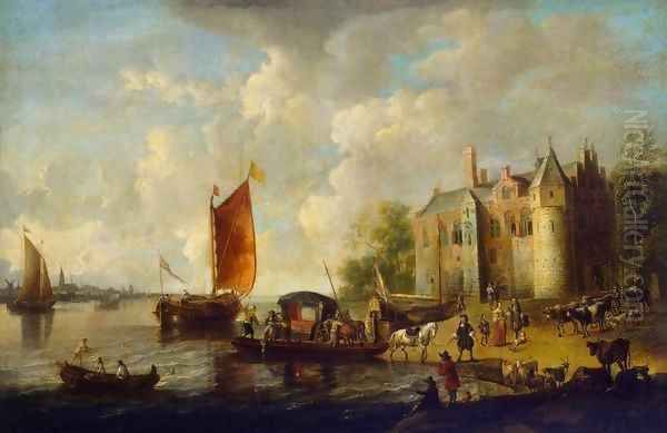 Castle on a River Bank Oil Painting by Peter van den Velde