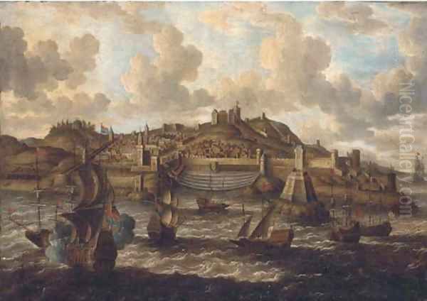 English and Dutch warships and Tunis galeasses before a fortified port, traditionally identified as Valetta Oil Painting by Peter van den Velde