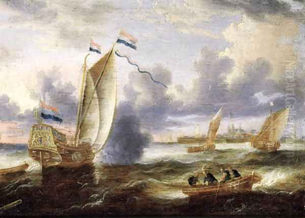 An Amsterdam State-yacht and other shipping on a river in a stiff breeze, a town in the distance Oil Painting by Peter van den Velde