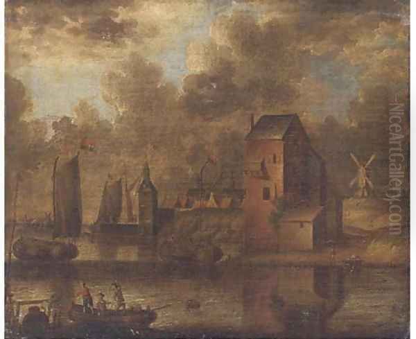 A riverside town with shipping Oil Painting by Peter van den Velde