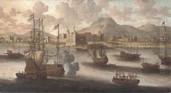 Dutch and English warships off a fortified Levantine port Oil Painting by Peter van den Velde