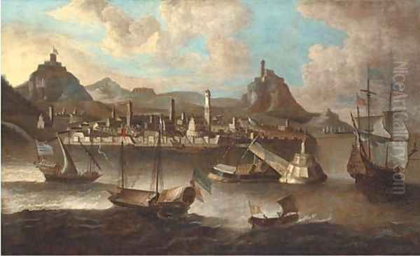 Mediterranean galeasses and an English man-o'war off a fortified Levantine port Oil Painting by Peter van den Velde