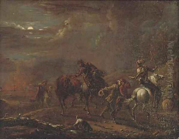 Figures fleeing a burning town Oil Painting by Carel van Falens or Valens