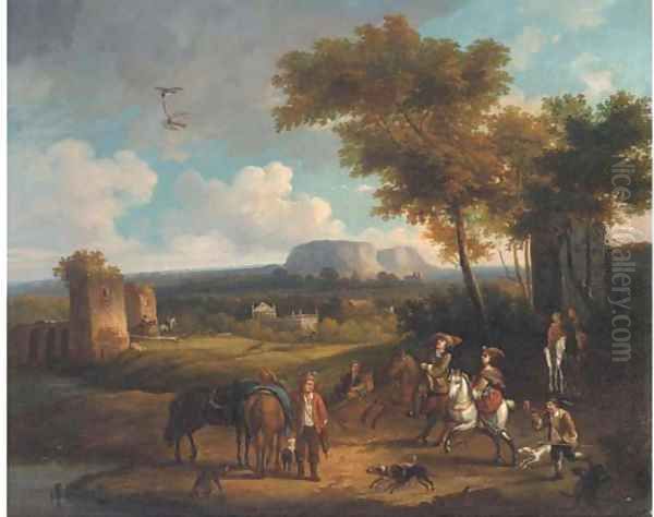 A broad landscape with a hawking party Oil Painting by Carel van Falens or Valens