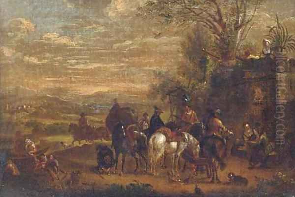 A landscape with a hawking party halted by a fountain Oil Painting by Carel van Falens or Valens