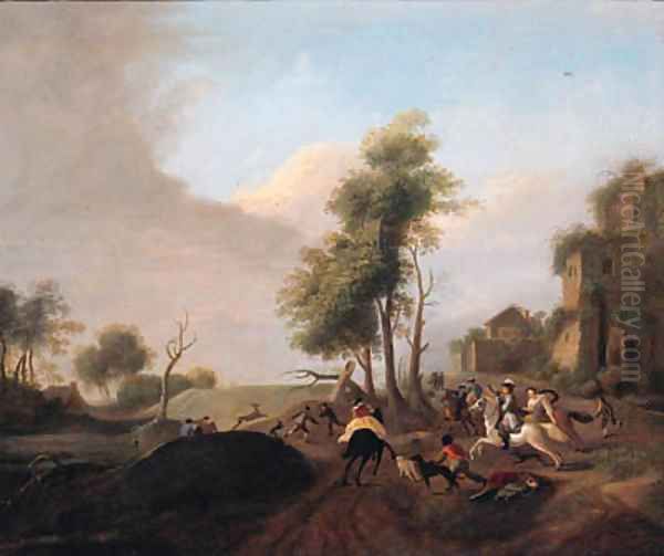 A stag hunt Oil Painting by Carel van Falens or Valens