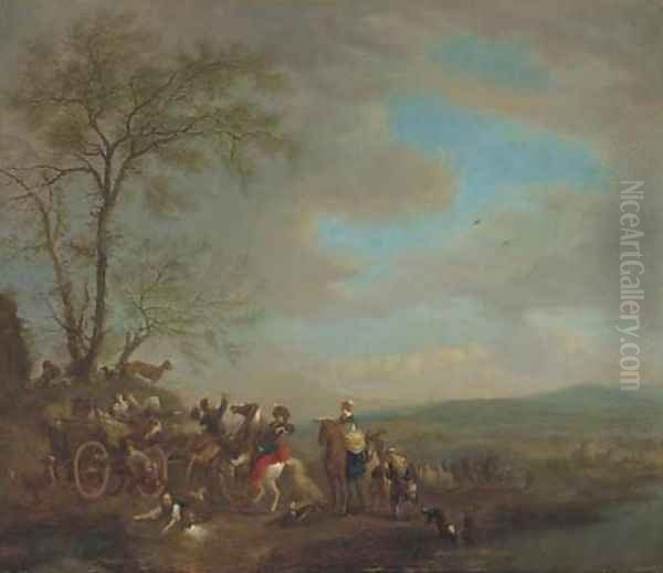 A hawking party disputing with travellers Oil Painting by Carel van Falens or Valens