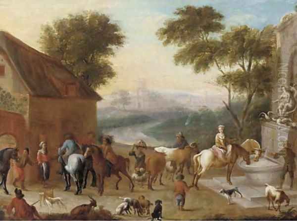 A hunting party halted before an inn Oil Painting by Carel van Falens or Valens