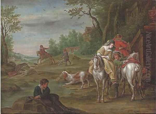 A wooded river landscape with a hunting party on a track Oil Painting by Carel van Falens or Valens