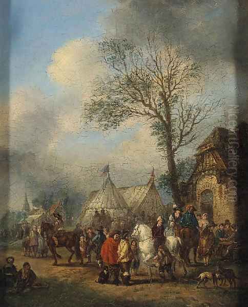 An elegant Hunting Party about to Depart; and Horsemen and other Figures before an Inn Oil Painting by Carel van Falens or Valens