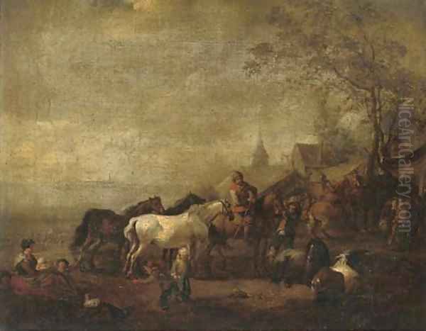 An encampment with officers on horseback Oil Painting by Carel van Falens or Valens