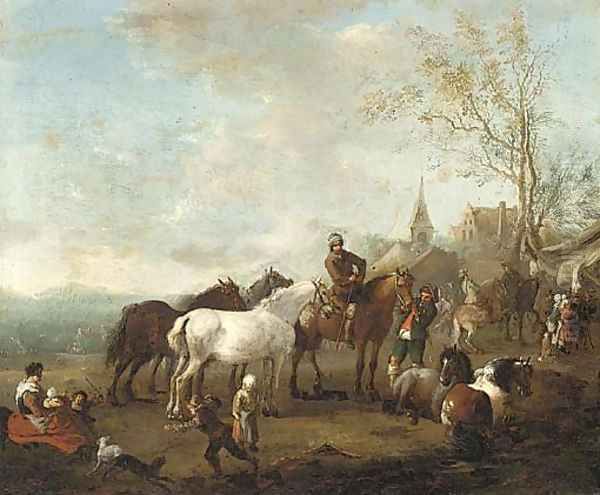 Figures and horses in a landscape Oil Painting by Carel van Falens or Valens