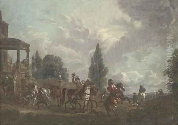 A hunting party setting out from a country estate Oil Painting by Carel van Falens or Valens