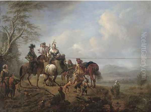 A landscape with a hawking party at rest on a track Oil Painting by Carel van Falens or Valens