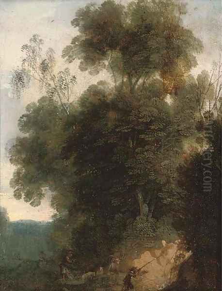 A wooded landscape with hunters and their dogs Oil Painting by Cornelis Hendricksz. The Younger Vroom