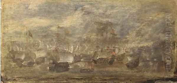 A small naval battle off the coast of a fortified town Oil Painting by Cornelis Hendricksz. The Younger Vroom