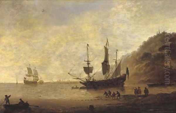 A man-o'-war at anchor before a hilly coast with figures in the foreground and shipping beyond Oil Painting by Dirck Verhaert