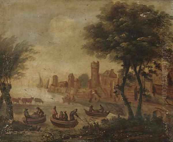 A riverside town with anglers in boats Oil Painting by Dirck Verhaert