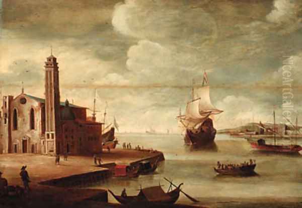 An Italianate harbour with a church on a quayside Oil Painting by Dirck Verhaert