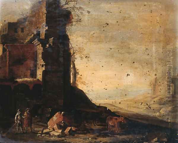 Travellers by classical ruins in an Italianate landscape Oil Painting by Dirck Verhaert