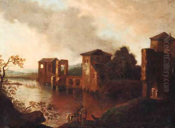 Travellers on a track before a fortified town; and Figures on a lakeshore by a town Oil Painting by Dirck Verhaert