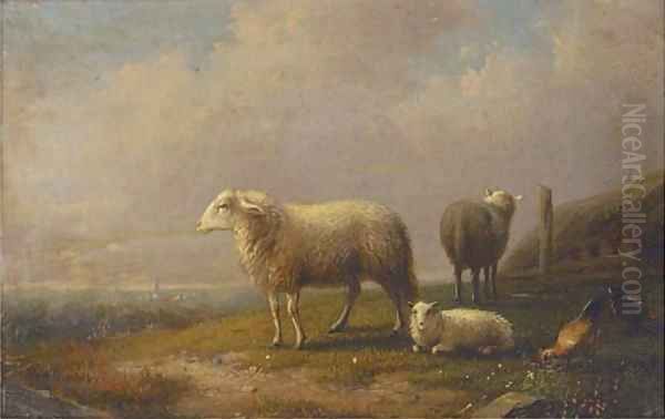 Sheep and chickens in a meadow, a town beyond Oil Painting by Francois Vandeverdonck