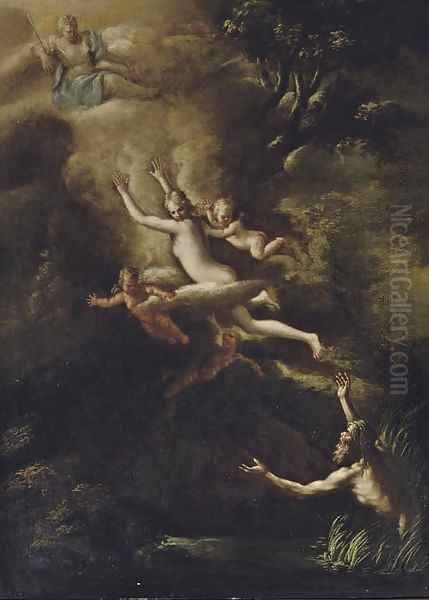 Glaucus fleeing from Skylla, the Goddess Diana looking down from above Oil Painting by Nicola Vaccaro