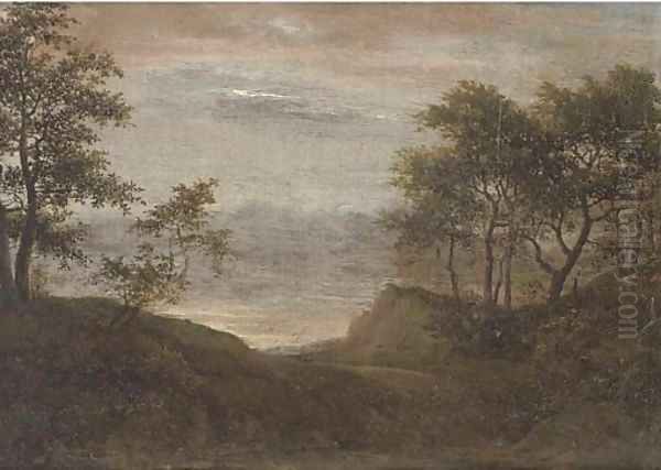 A wooded landscape with a path Oil Painting by Cornelis Vroom