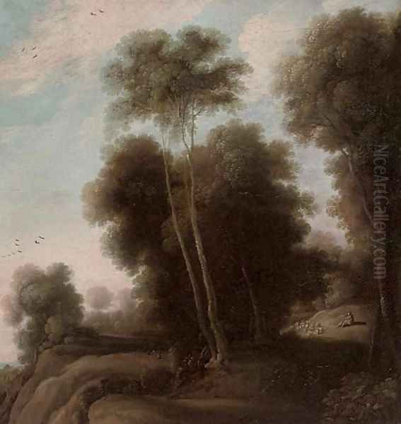 A wooded landscape with a shepherd and his flock on a track Oil Painting by Cornelis Vroom