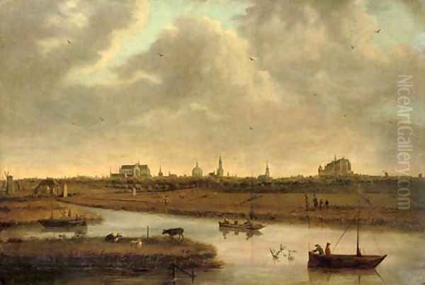 A view of Leiden with figures in boats in the foreground Oil Painting by Dionys Verburg