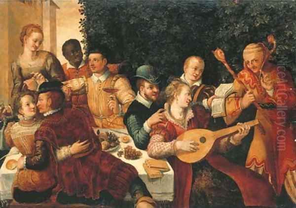 A merry company seated around a table in a garden Oil Painting by David Vinckboons