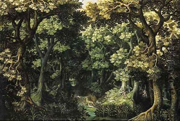 A wooded landscape with a stag hunt Oil Painting by David Vinckboons