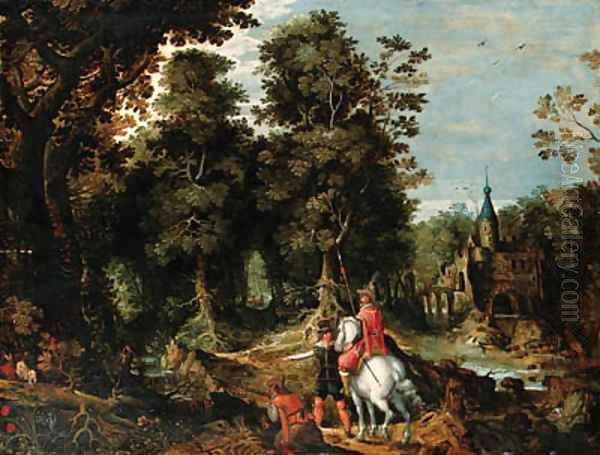 A wooded River Landscape with Sportsmen near a Castle Oil Painting by David Vinckboons