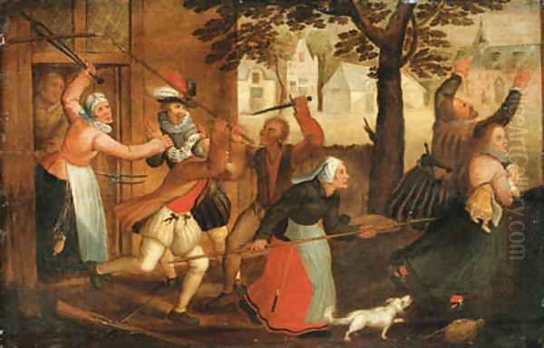 An innkeeper and his wife driving out a family Oil Painting by David Vinckboons