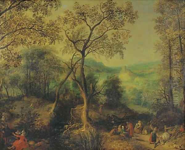 A wooded landscape with peasants returning from a market and an elegant couple making merry nearby Oil Painting by David Vinckboons