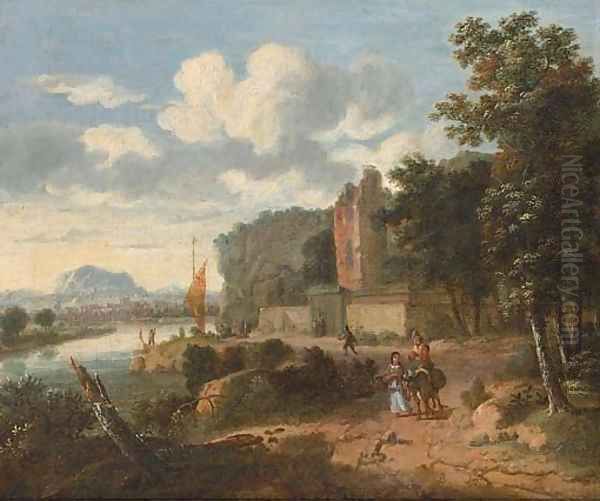 An extensive river landscape with figures on a track, ruins and a town beyond Oil Painting by Dionys Verbrugh