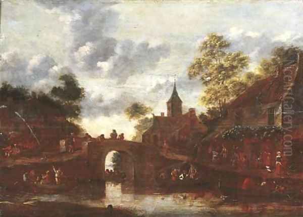 A village landscape with figures in rowing boats on a river Oil Painting by Dionys Verburgh