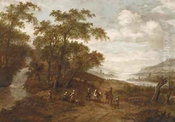 A wooded landscape with travellers by a waterfall, a river valley beyond Oil Painting by Dionys Verburgh