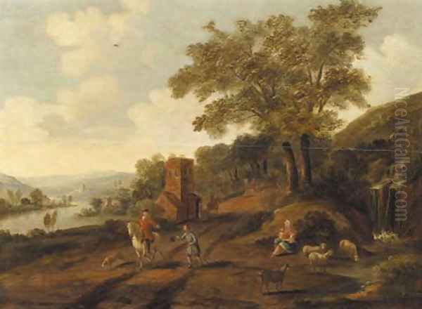 Travellers on a road by a waterfall, a rivervalley beyond Oil Painting by Dionys Verburgh