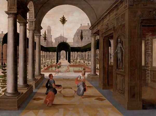 A capriccio of a palace courtyard with figures in the foreground and others bathing in an ornamental garden beyond Oil Painting by Paul Vredeman de Vries