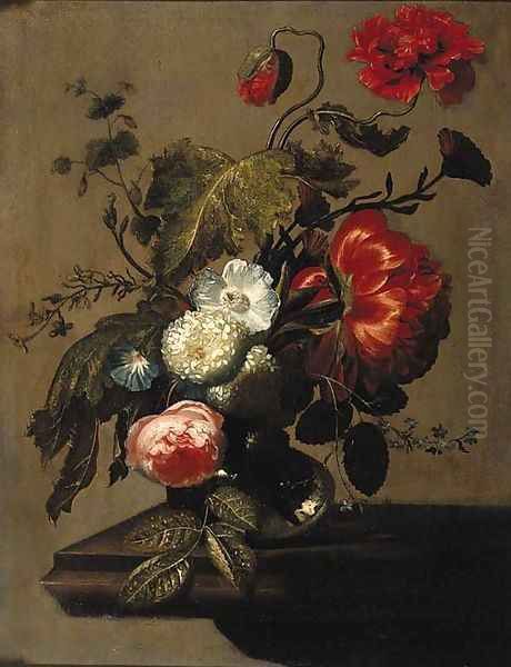 A peony, poppies, a rose, snowballs, an anemone and forget-me-nots in a glass vase on a stone ledge Oil Painting by Simon Pietersz. Verelst