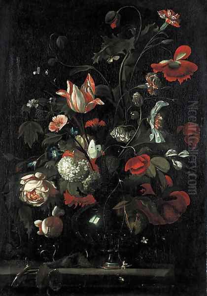 Roses, tulips, carnations and other flowers in a glass vas on a stone ledge Oil Painting by Simon Pietersz. Verelst