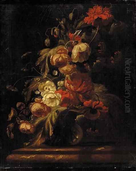 Roses, carnations, peonies, morning glories and other flowers in a vase on a marble tabletop Oil Painting by Simon Pietersz. Verelst