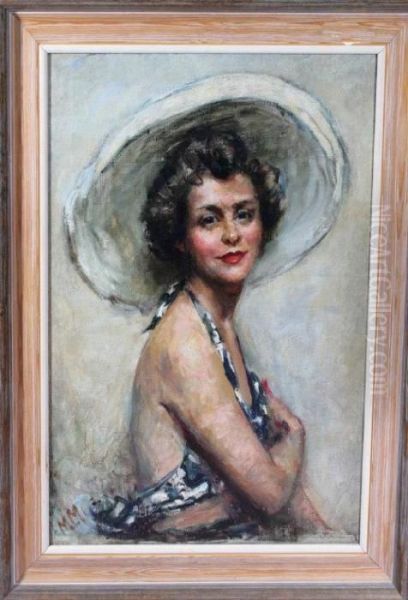 A Portrait Of A Young Woman Wearing A Bathing Costume And A Broad-brimmed White Hat Oil Painting by Mortimer Luddington Mempes