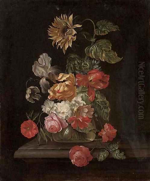 Roses, parrot tulips, an iris, anemones and a sunflower in a glass vase on a stone ledge Oil Painting by Simon Pietersz. Verelst