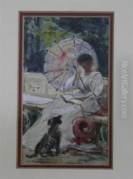 Sketch Of A Woman And Dog On A Terrace Oil Painting by Mortimer Luddington Mempes