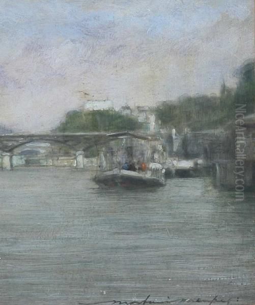 Paddle Boat On A River With Bridge Inbackground Oil Painting by Mortimer Luddington Mempes