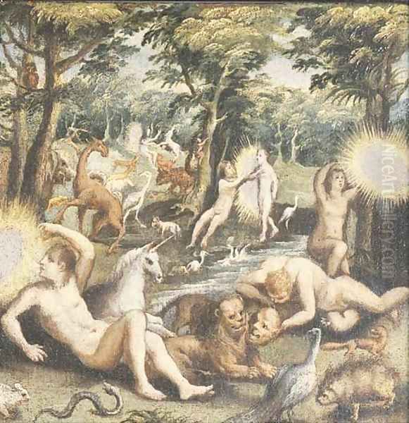 Adam and Eve in the Garden of Eden Oil Painting by Maarten de Vos