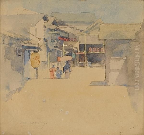 A Mother And Her Two Children On A Japanese Street Oil Painting by Mortimer Luddington Mempes